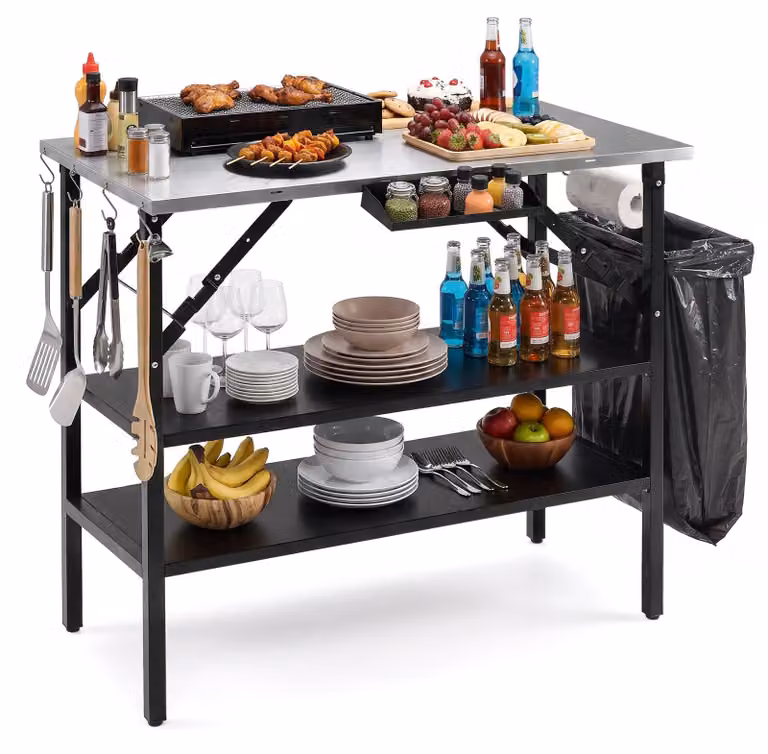 Tavolo da barbecue per esterni, tavolo pieghevole da campeggio, tavolo pieghevole con 2 ripiani removibili, portaspezie, apribottiglie, portarifiuti e ganci