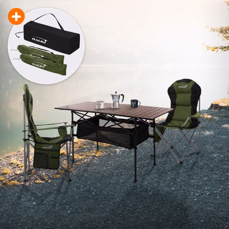 Set di mobili da campeggio Hauki 3 pezzi, tavolo pieghevole marrone con 2 sedie da campeggio kaki, inclusa borsa per il trasporto