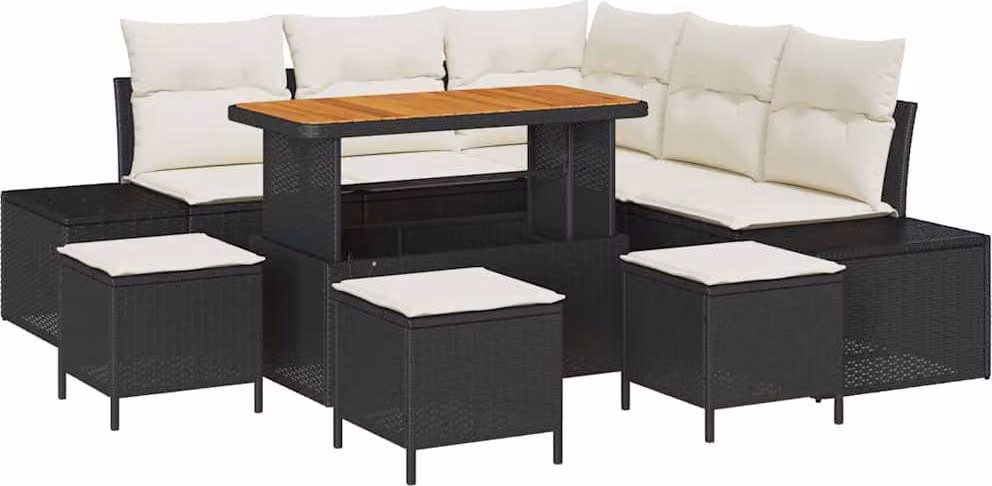 Set Divano da Giardino con cuscino 9 pcs Nero polyrattan