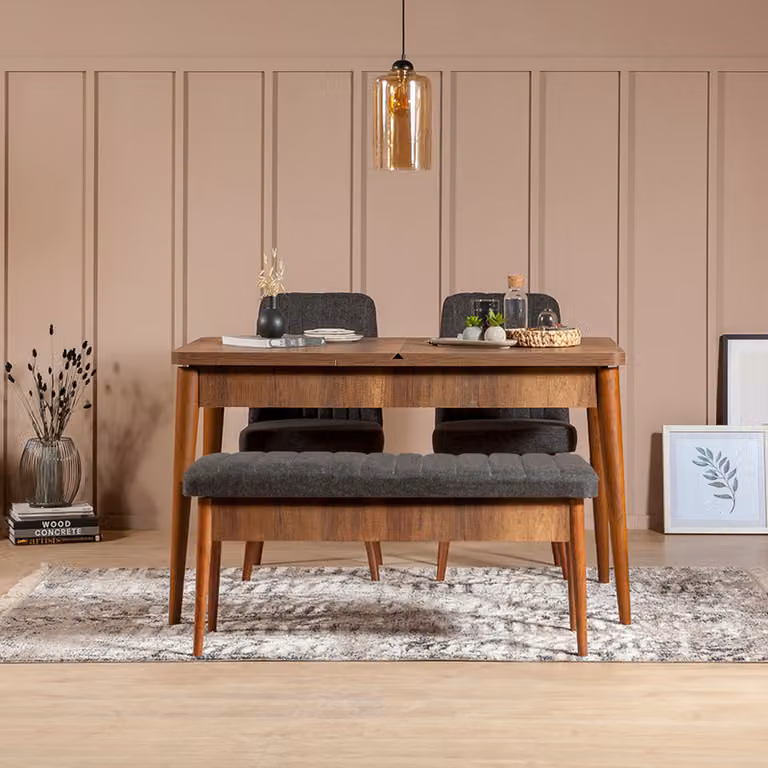 Skye Decor, Vina 1053 - Antracite, Noce, Set composto da tavolo da pranzo allungabile e sedie (4 pezzi), Noce, 100% PANNELLI DI AGGREGATO MELAMMINICO, 130 x 80 x 77 cm
