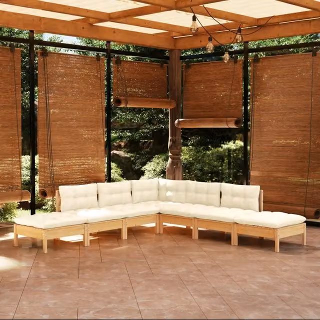Set Salotto da Giardino 7pz con Cuscini Crema in Legno di Pino 3096322