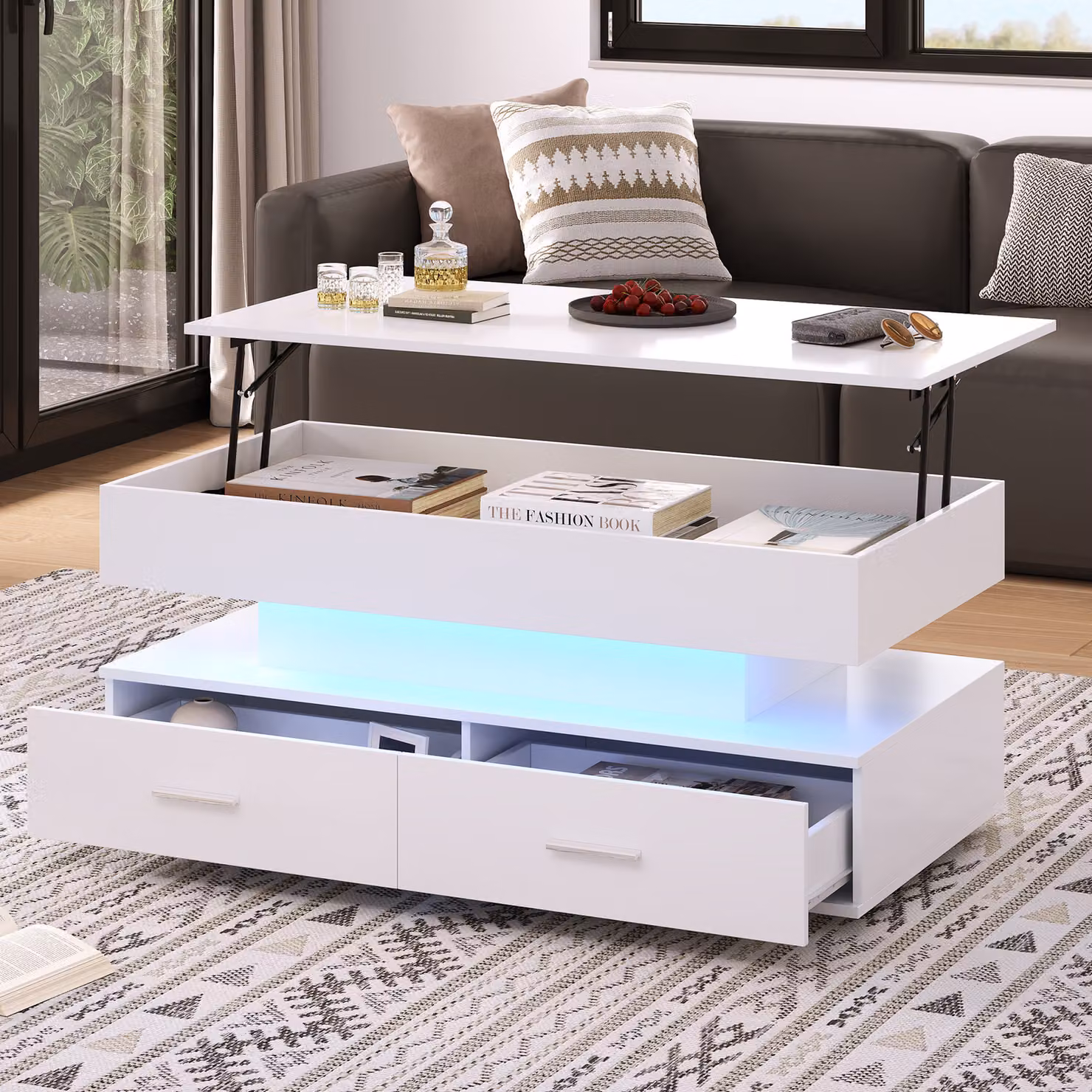 Tavolino Merax con LED e cassetti, tavolino con controllo APP, tavolino con piano allungabile, tavolino da salotto 100x50x44cm, bianco