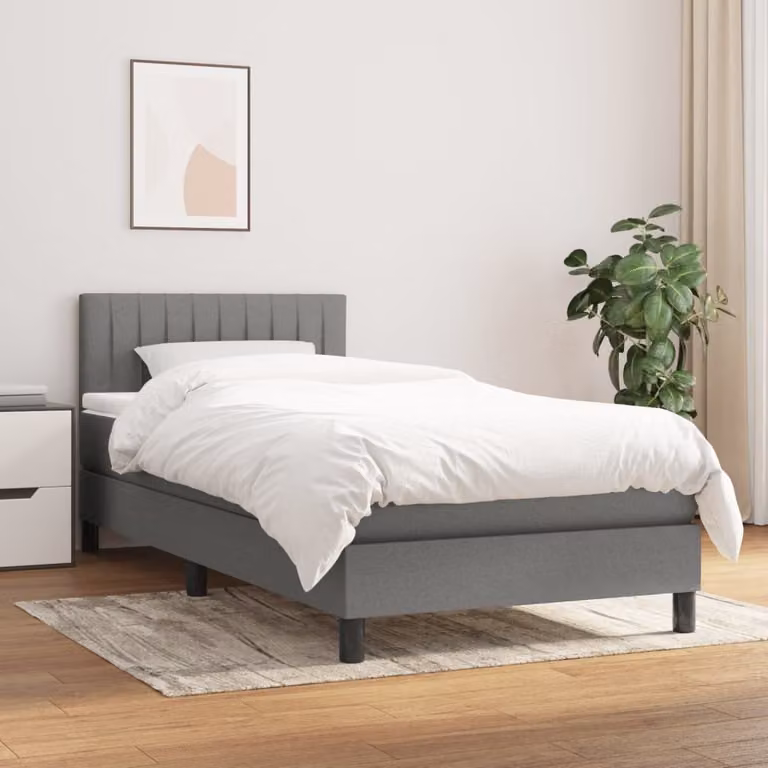 The Living Store Letto a molle con materasso grigio scuro 100x200 cm in tessuto