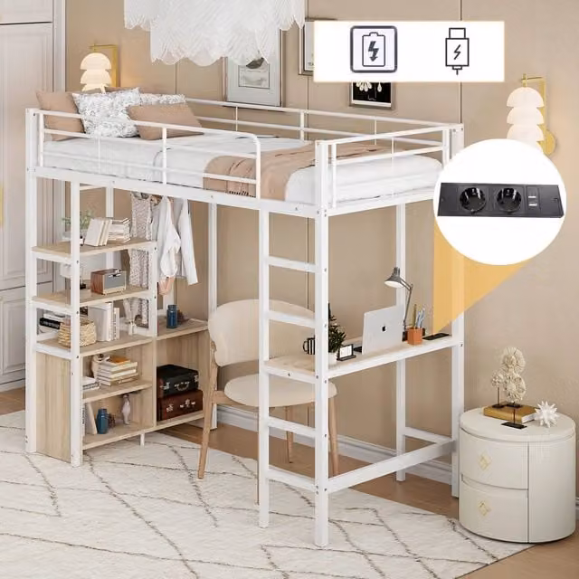 Letto a castello con scrivania e scaffali - Xylo - 90x200 - Bianco