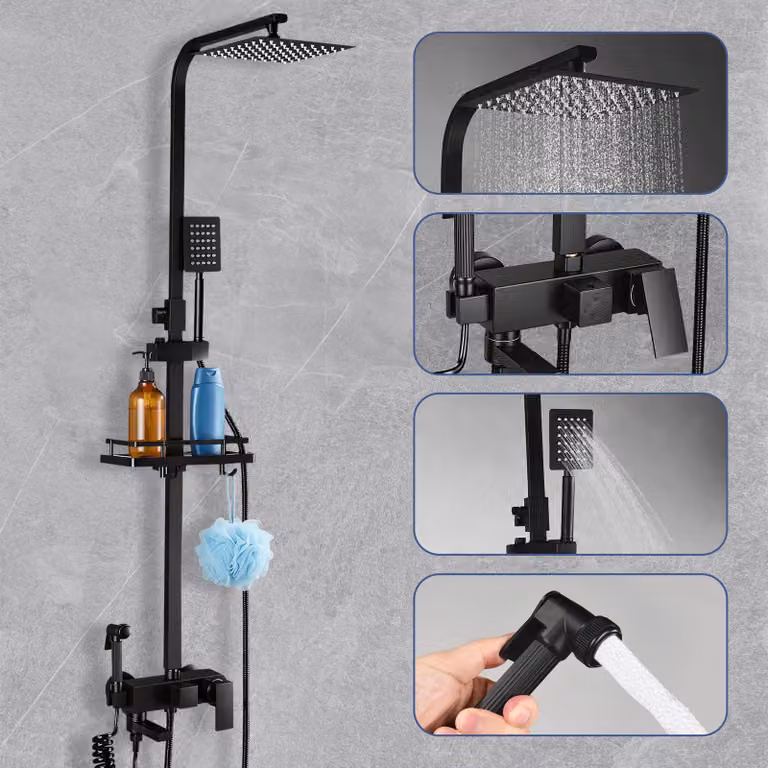 Sistema doccia REMZETTA con soffione quadrato, doccetta manuale e getto spray aggiuntivo, 4 tipi di getto, set doccia nero per il bagno