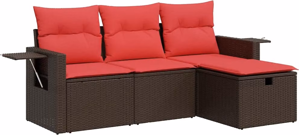 Set Divano da Giardino 4 pz con Cuscini Marrone in Polyrattan