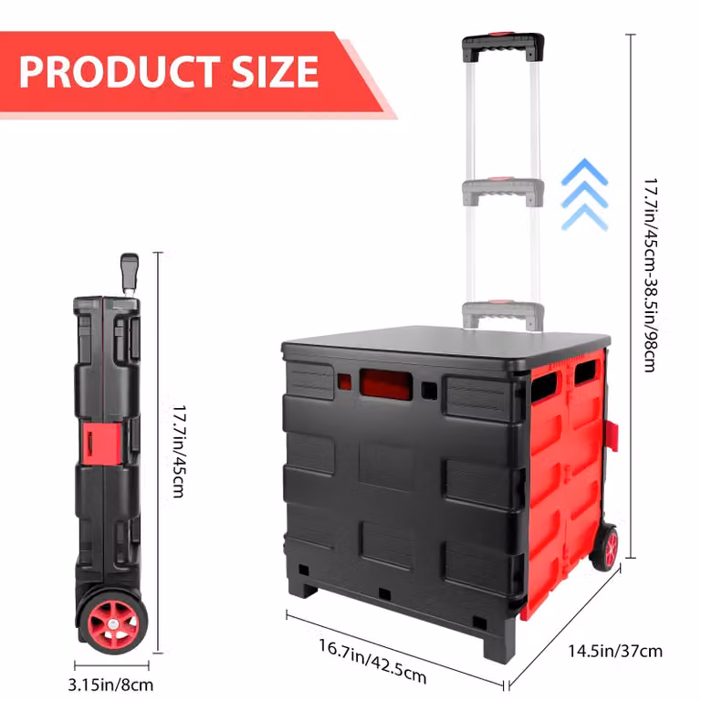 Carrello pieghevole per il trasporto – Carrello per utensili – Capacità di carico: 35 kg – Robusto – Maniglia telescopica – Ruote piroettanti – Colore: nero