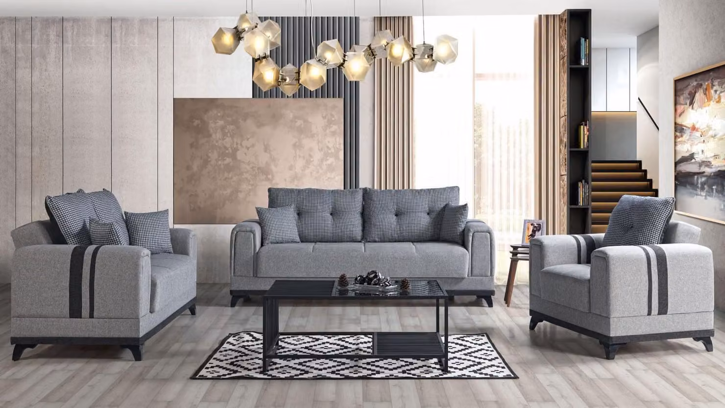 Graue Sofagarnitur 3+2+1 Sitzer Textil Holz Sofa Sessel Komplett Set