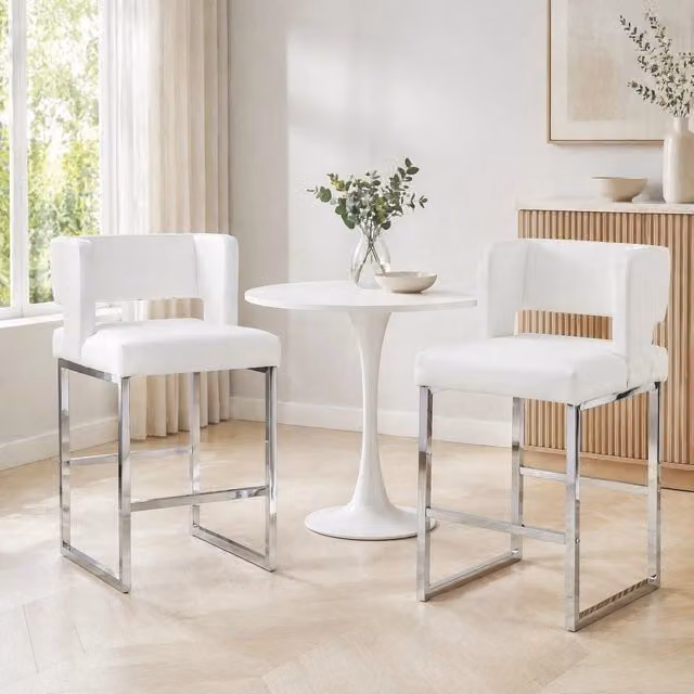 Set da 2 sgabelli da bar stile nordico con sedile quadrato imbottito e gambe in metallo argento, altezza 91,4 cm