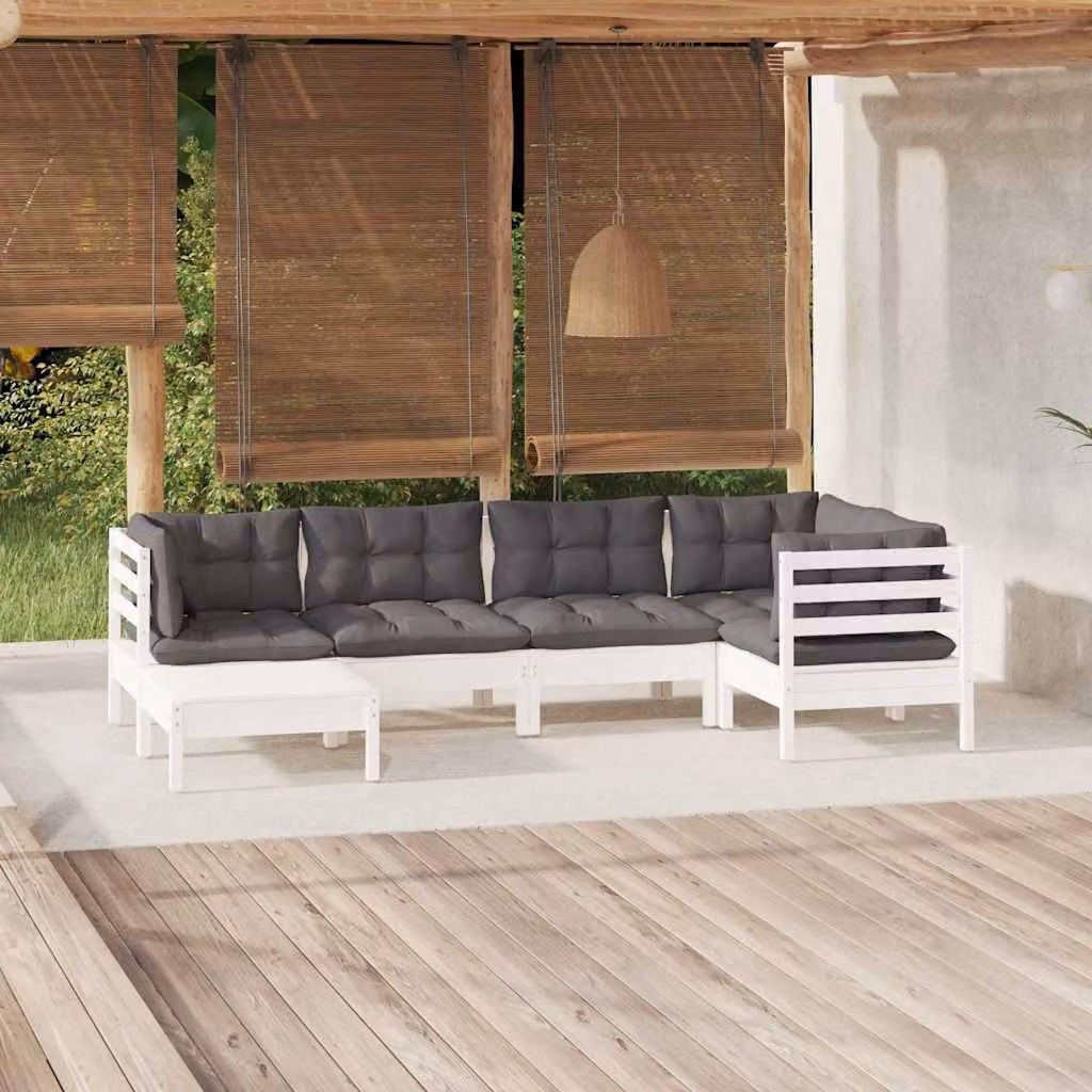 Set di divani da giardino vidaXL 6 pz a forma di L in legno di pino con cuscini bianchi, antracite e grigi