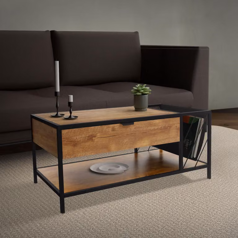 ML-Design tavolino con scomparto per riviste, marrone in rovere rustico, tavolino con struttura in acciaio e 2 ripiani