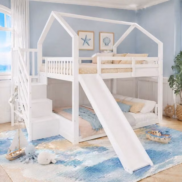 Letto a soppalco per bambini 140x200 cm con scala contenitore e scivolo, struttura in pino e MDF bianca