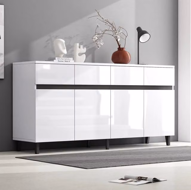 Credenza moderna bianca lucida 160x40x68 cm in truciolare; con 4 cassetti e ripiani regolabili