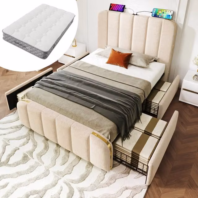 Letto singolo ULEVR 90x200 cm con materasso H3, 4 cassetti, USB e Type-C, rivestimento in lino beige