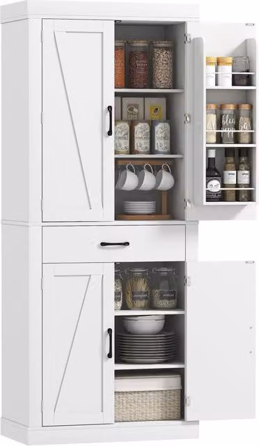 Armadio Cucina Country con 2 Antine, 6 Ripiani e Cassetto ¨C Minimal ¨C Legno 76x39.5x183.5 cm Bianco