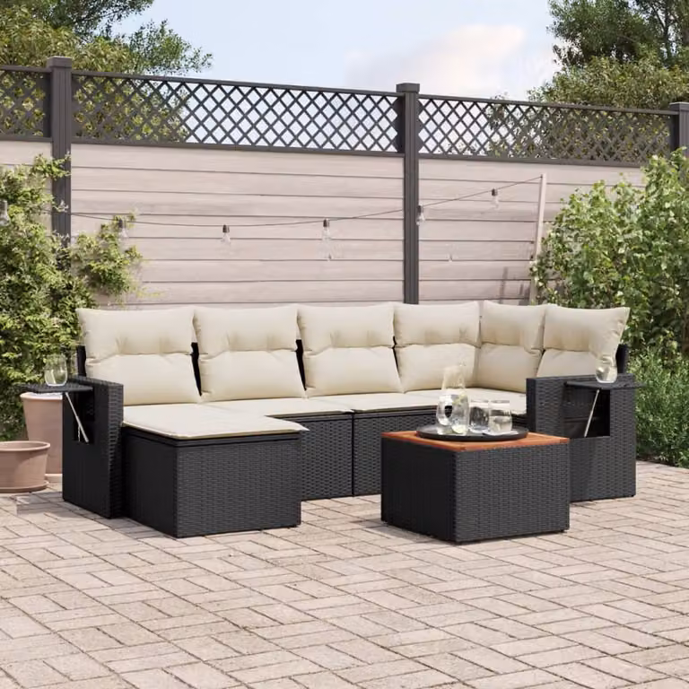 vidaXL Set Divani da Giardino a L con Cuscini 7pz in Polyrattan e Legno di Acacia Nero e Bianco