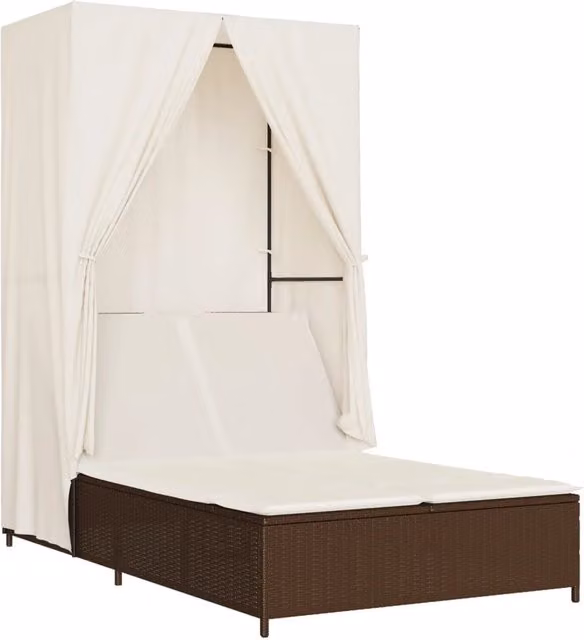 Lettino Prendisole | Sdraio da giardino | Lettino da sole con Tetto e Tende Marrone in Polyrattan