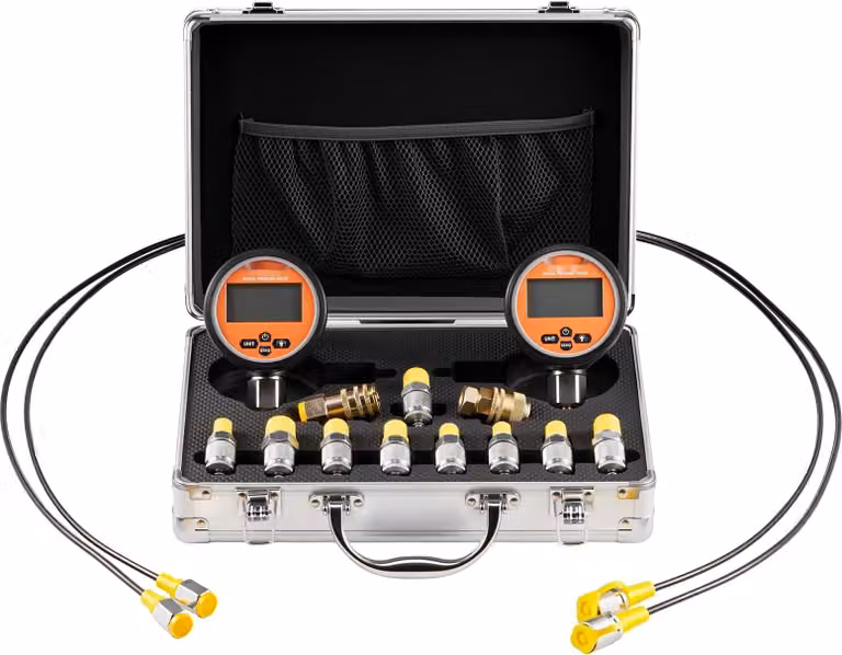 Set di prova pressione idraulica - Tester manometro - Intervallo di pressione 10000 PSI (690 bar) - 2 manometri - 9 raccordi di prova - 2 raccordi rapidi - 2 tubi flessibili - Per escavatori e macchine edili