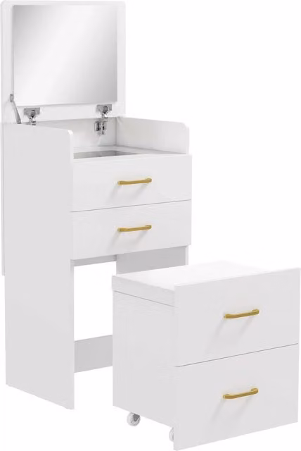 Toeletta 3 in 1 comodino e sgabello 48 x 40 x 90 cm portaoggetti ottimizzato specchio pieghevole essenziale in MDF bianco 21_0003729