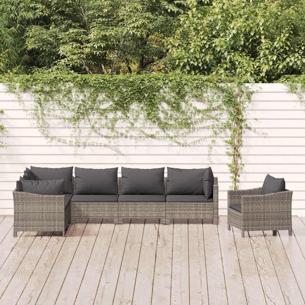 Set di divani da giardino vidaXL 7 pezzi in rattan con cuscini grigi e struttura in acciaio