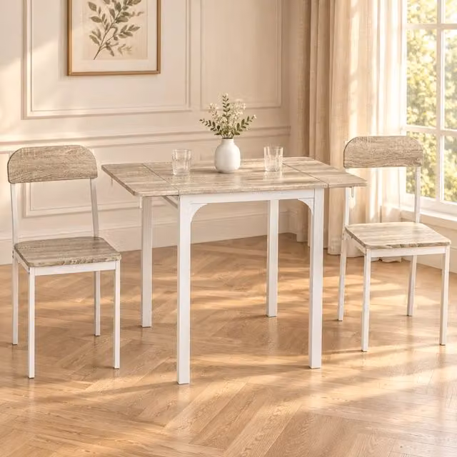 Set da Pranzo 3 Pezzi con Tavolo Allungabile 120x60x75 cm e 2 Sedie in MDF Bianco Naturale per Cucina e Sala da Pranzo