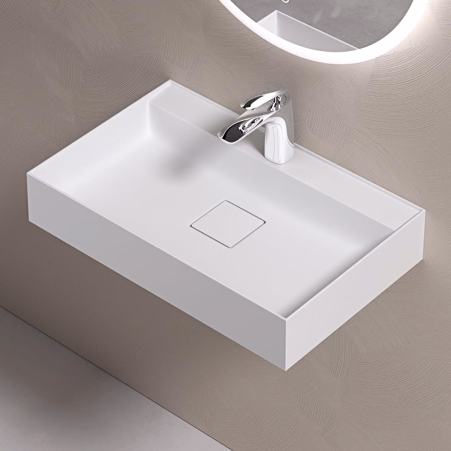 doporro Lavabo Bagno Sospeso 60 cm Rettangolare in Resina Bianco Opaco con Vasca Integrata a Sinistra e Piletta Inclusa Colossum630