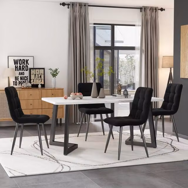 Set Tavolo da Pranzo con 4 Sedie ¨C Xylo ¨C Rettangolare, Velluto Nero, Gambe Nere