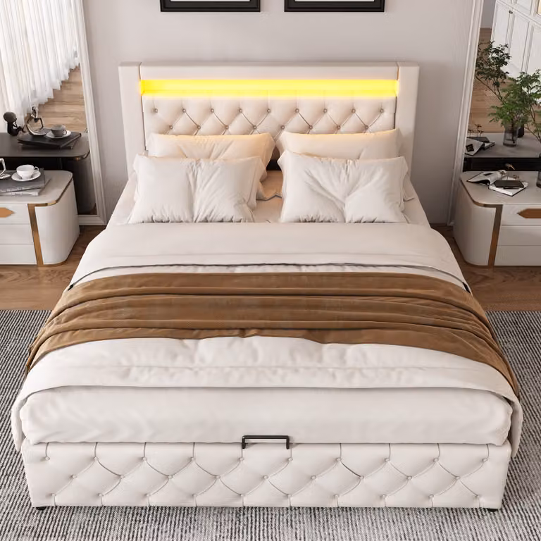 Letto a cassetti MODFU, letto imbottito 140 x 200 cm, letto matrimoniale, letto funzionale con rete a doghe e vano contenitore, con illuminazione a LED, senza materasso, bianco