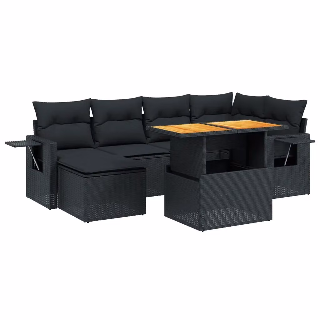 vidaXL Set Divani da Giardino a L con Cuscini 7pz Nero Polyrattan e Legno di Acacia – 2