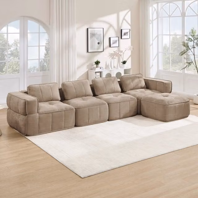Divano modulare angolare senza telaio con pouf; 344x162x67 cm; poliestere; Sand