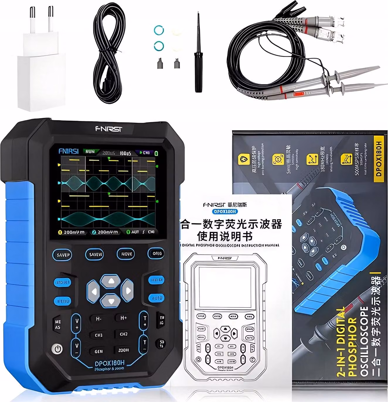 FNIRSI DPOX180H oscilloscopio digitale portatile 180 MHz 2x sonda P6100 adattatore