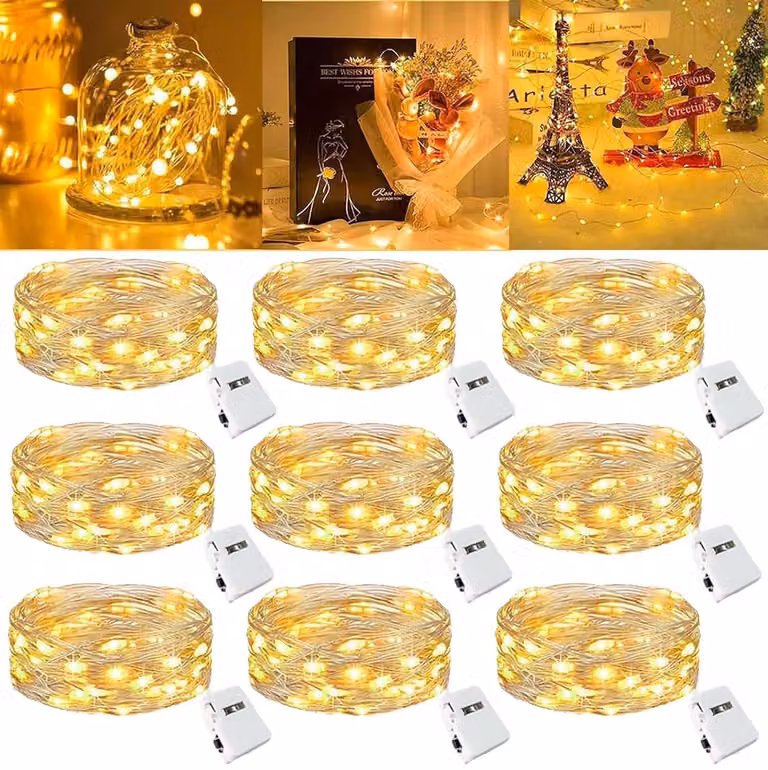 Catena luminosa a LED, 9x2 metri, 20 LED, luce bianco caldo, alimentata a batteria