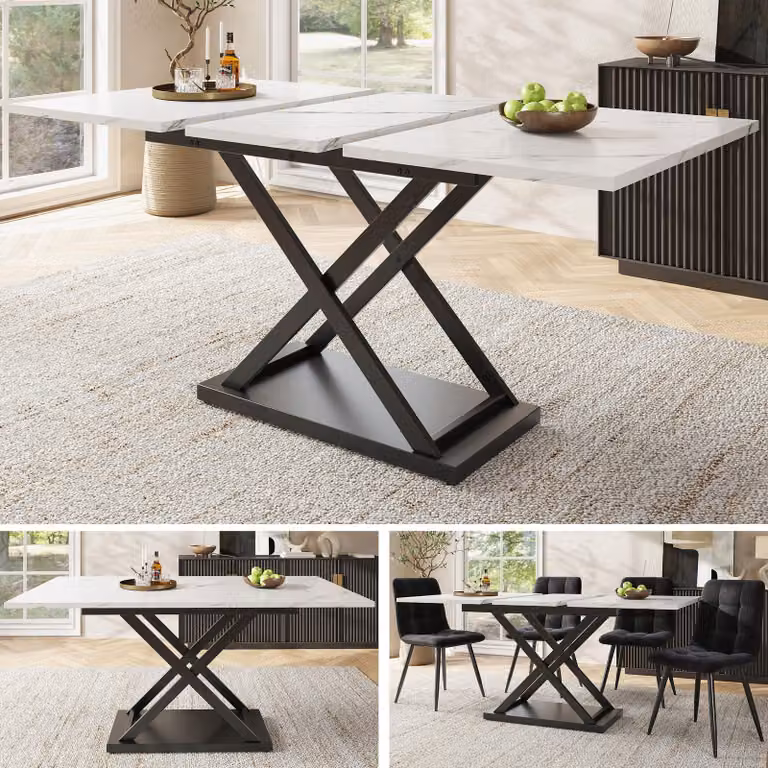 Tavolo da pranzo Fortuna Lai Tavolo telescopico (120-160×80 cm), tavolo da pranzo allungabile, tavolo da cucina salvaspazio, gambe incrociate in ferro nero, per cucina e soggiorno, tavolo da pranzo marmorizzato bianco