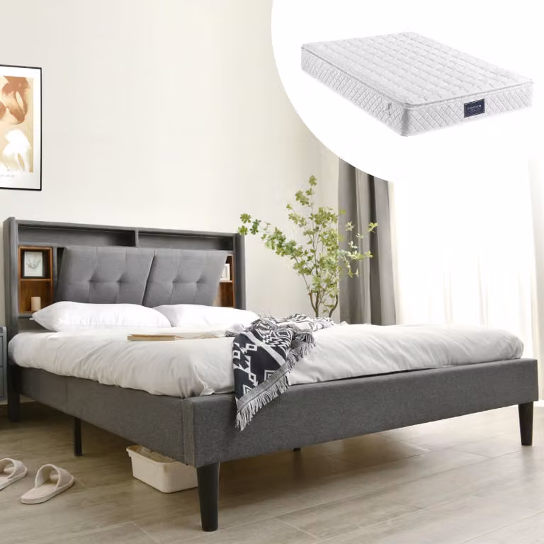 Letto imbottito 140 x 200 cm con ricarica USB e illuminazione LED, realizzato in legno di alta qualità, resistente e facile da installare. Letto matrimoniale con spazio contenitore, colore grigio (con materasso)