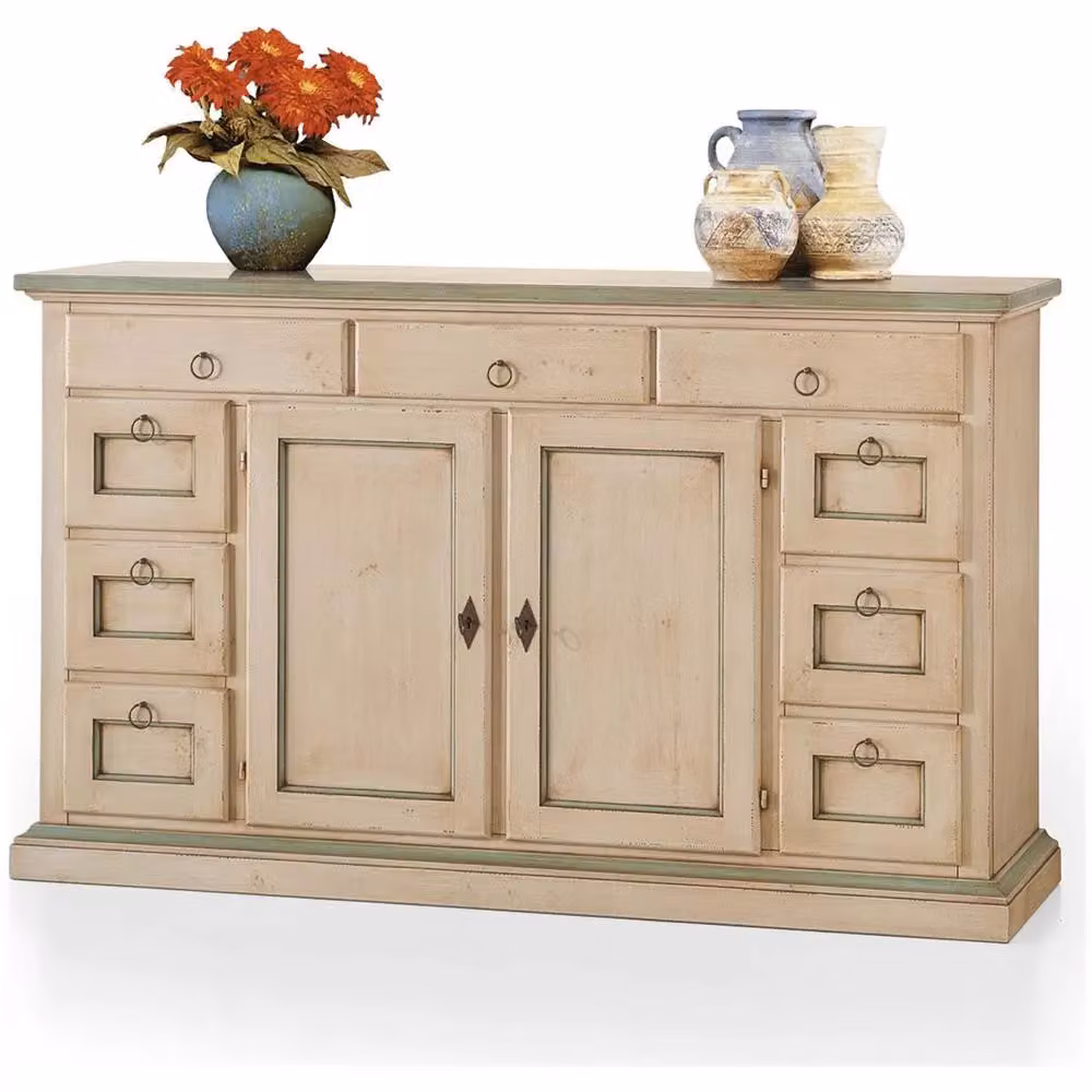 Madia credenza in legno stile shabby chic con 2 ante e 9 cassetti color avorio patinato e filo verde Mobili 2G L/P/H: 160 x 45 x 95 cm