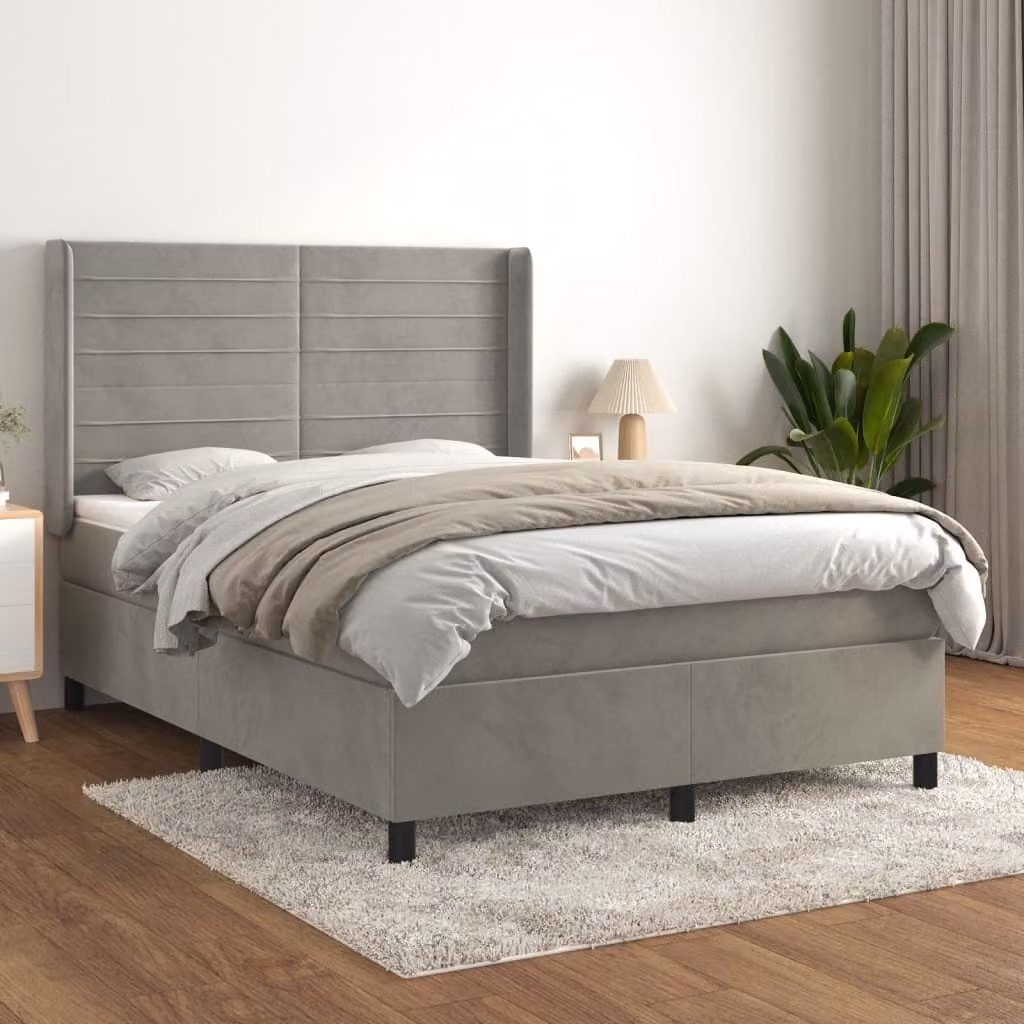 The Living Store Letto a molle con materasso grigio chiaro 140x200 cm in velluto