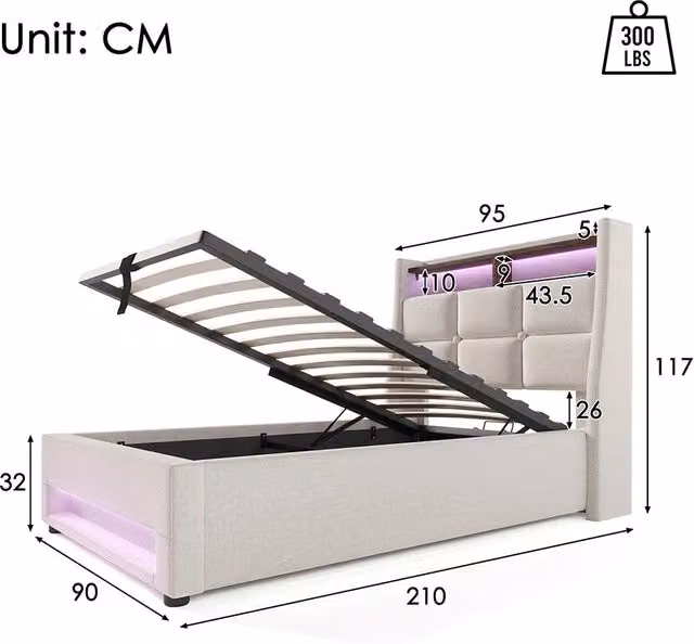 Letto a cassone imbottito 90x200 - Xylo - USB, LED, sommier in metallo, senza materasso, beige