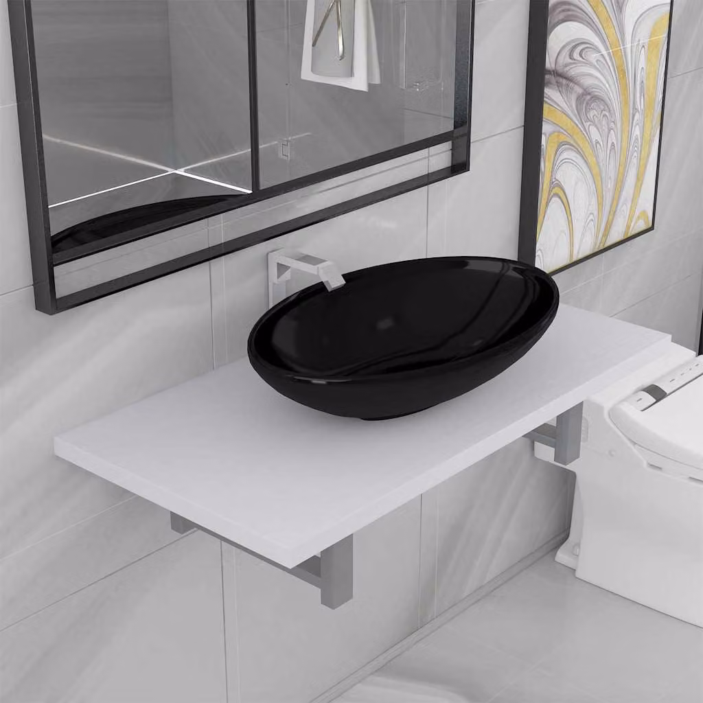 Set di mobili da bagno moderno vidaXL in ceramica bianca composto da mobile sottolavabo e pensile a parete