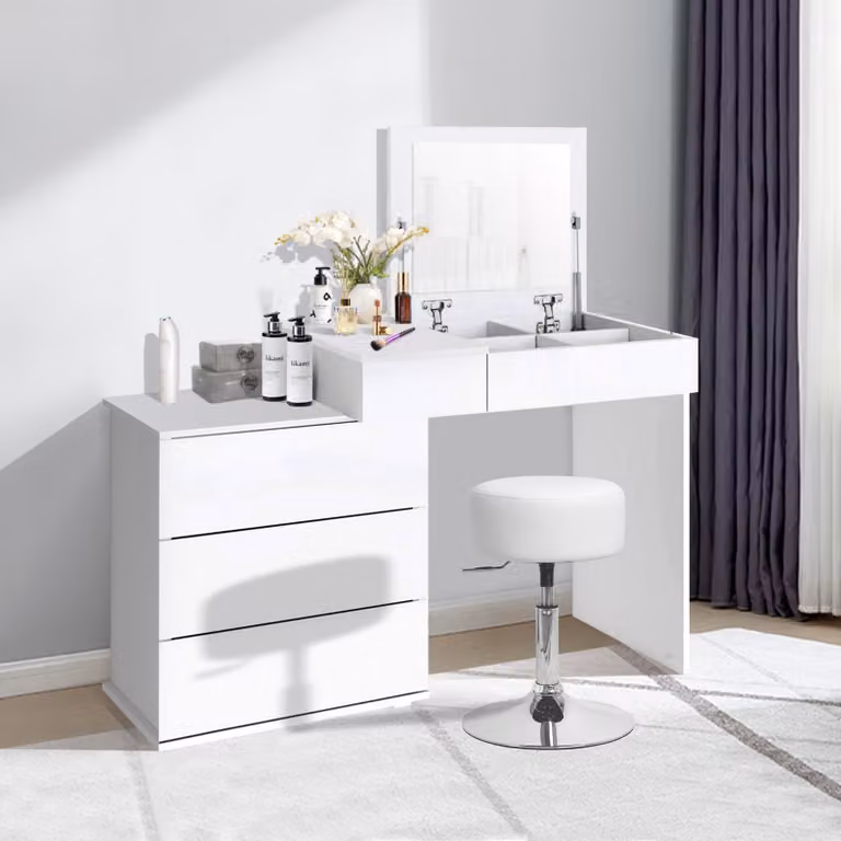 ML-Design tavolo da toilette bianco con sgabello, tavolo da toilette con specchio pieghevole, 4 cassetti e 4 scomparti, 117,5x78x45 cm, tavolo cosmetico in legno MDF