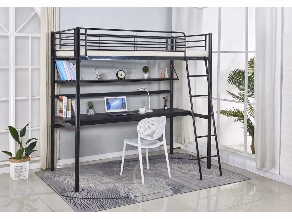 Letto a soppalco singolo Alona in metallo nero con scala per bambini L/P/H: 190 x 90 x 189 cm – 2