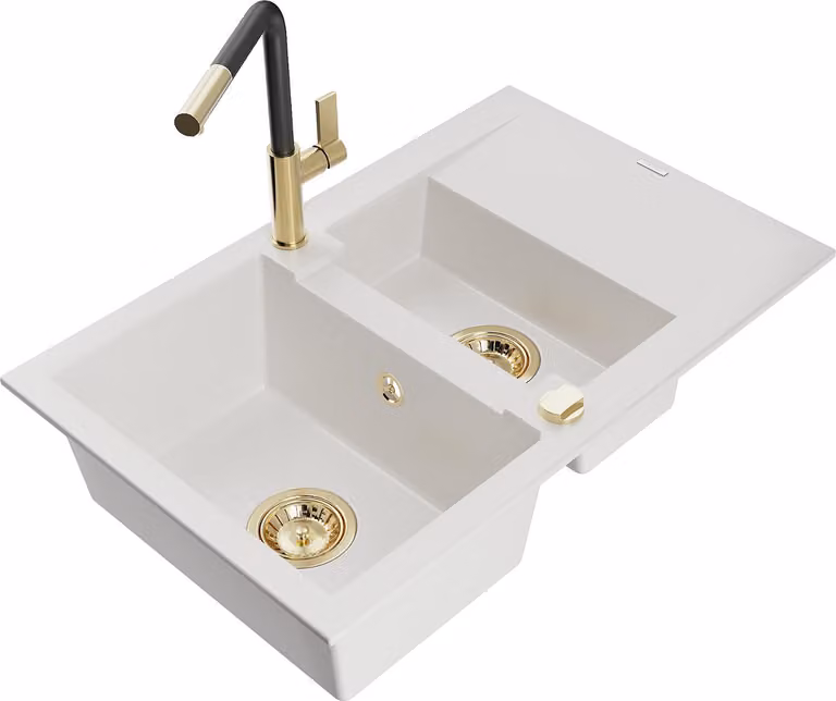 Mexen Gaspar lavello in granito 1,5 vasche con sgocciolatoio e miscelatore cucina Flora, bianco - 6507-20-670401-57-G