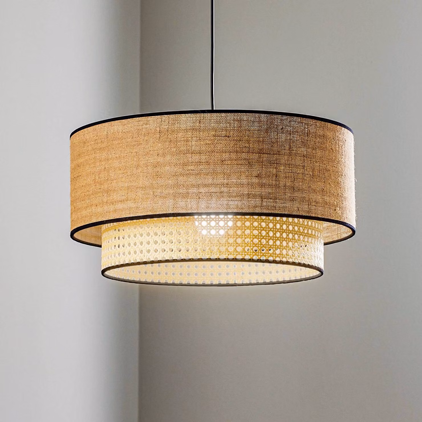 Lampada a sospensione Boho Duolla, dimmerabile, Legno chiaro, Soggiorno / Sala da pranzo, Tessuto / Stoffa / Seta, Campagna / Rustiche, Lampada a sospensione