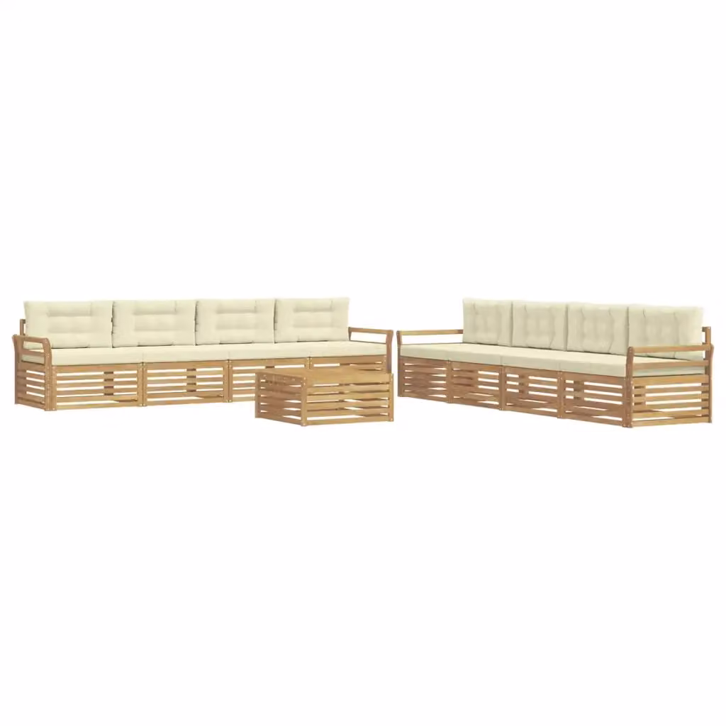 Set di divani da esterno a forma di U vidaXL in legno di acacia con tavolino e cuscini, Bianco e Beige – 2