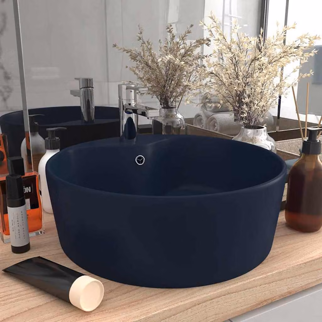 Lavandino da appoggio rotondo vidaXL in ceramica blu scuro opaco con troppopieno L: 36 cm, P: 36 cm, H: 13 cm – 1
