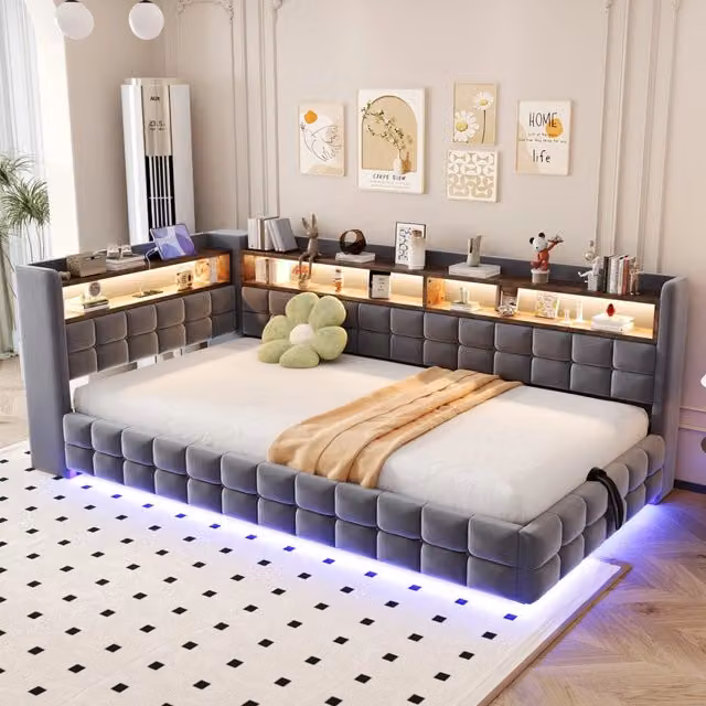 Letto imbottito WISHDOR con contenitore a sollevamento, mensole integrate, luci LED e porte USB/Tipo-C, grigio, L/P/H: 90 x 200 cm