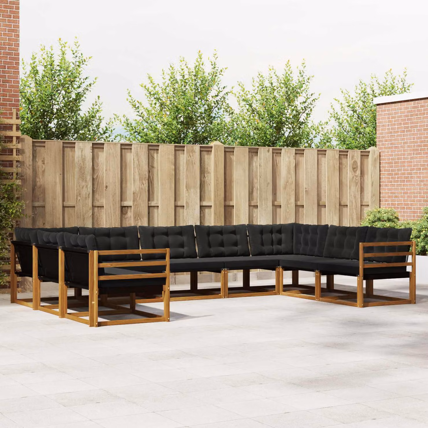 Set di divani da esterno a forma di U vidaXL in legno di acacia e textilene, 9 pezzi, Marrone e Nero