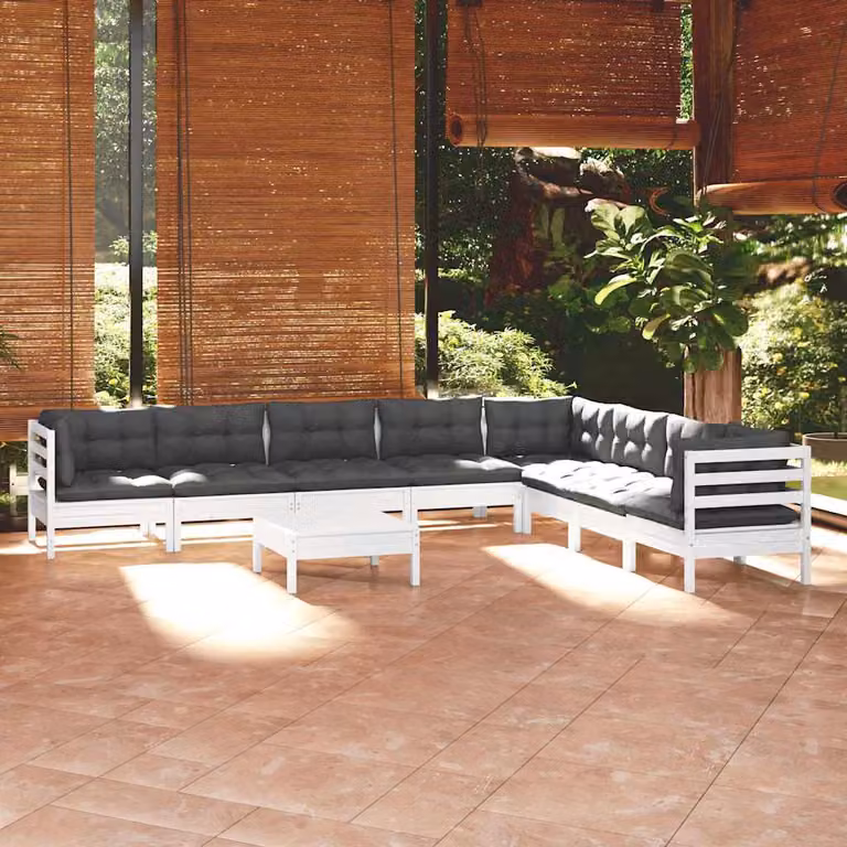 Set di divani da giardino vidaXL 9 pz in legno di pino con cuscini bianchi e antracite a forma di L con elemento angolare e pouf