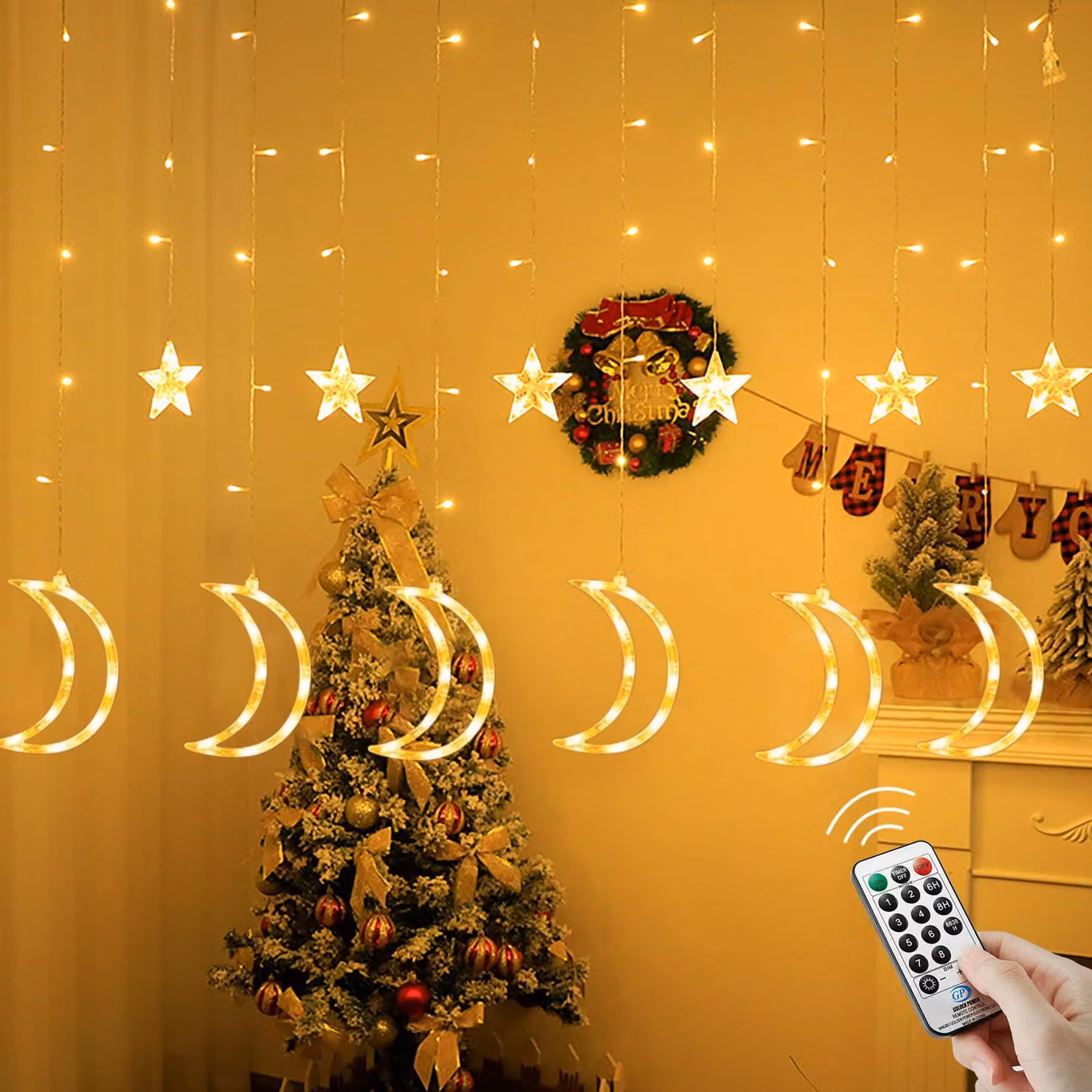 Tenda luminosa con 138 LED, lunghezza 5,5 metri, 8 modalità, design a stella e luna, grado di protezione IP65, con timer