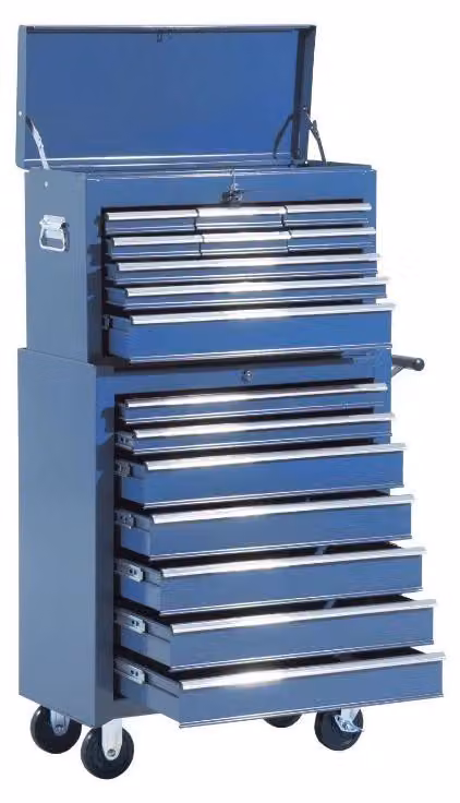 Carrello portattrezzi Moonbite con 16 cassetti, carrello da lavoro mobile per officina, con serratura, 4 ruote piroettanti, altezza maniglia 70 cm, dimensioni 61,5 x 33 x 113 cm, acciaio, colore blu