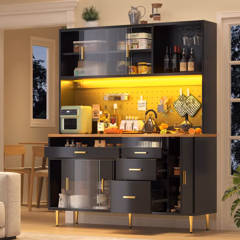 okwish Credenza alta / mobile da cucina con LED e ripiani forati, mobile buffet con sistema regolabile in altezza e funzione timer, nero